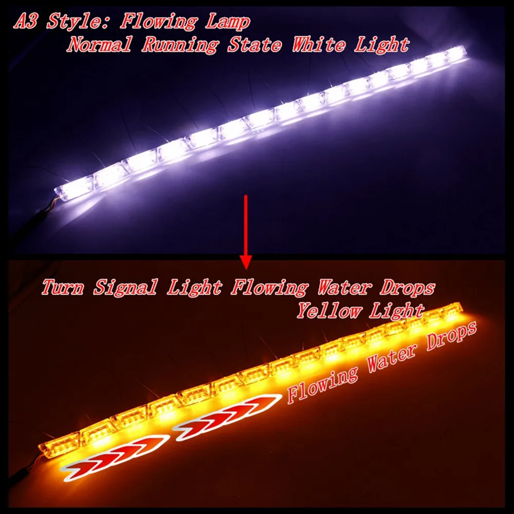 Tak Wai Lee 2X автомобильный гибкий белый/янтарный светодиодный DRL дневные ходовые полосы лампа сигнал поворота струящиеся капли воды рулевая панель фары - Цвет: A3 Style