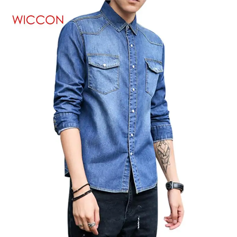 

Denim Shirt Men Plus Large Size Cotton Jeans Cardigan Casual Fashion Two-pocket Slim Fit Long Sleeve Shirts For Male