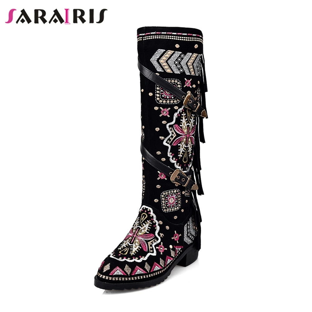 

SARAIRIS New Genuine Leather Mixed Colors Zip Fringe Shoes Woman Fashion Winter Mid-Calf Boots Big Size 33-43