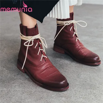 

MEMUNIA 2020 hot sale genuine leather ankle boots for women round toe lace up low heels shoes fashion Motorcycle Boots woman