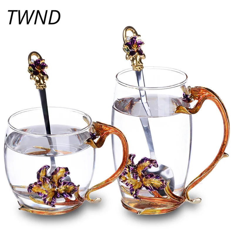 Цвет эмаль стеклянные кофейные кружки с ложкой цветок кружка для чая молока ласточкин хвост цветок рукоятки Европа термостойкие посуда для напитков