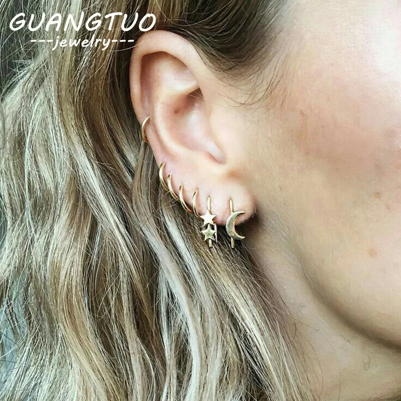 

7PCS/SET Fashion Personality Multi Rounds Earrings Set Trendy Crescent Moon Star U Shaped Earrings Women's Jewelry Gift EB144