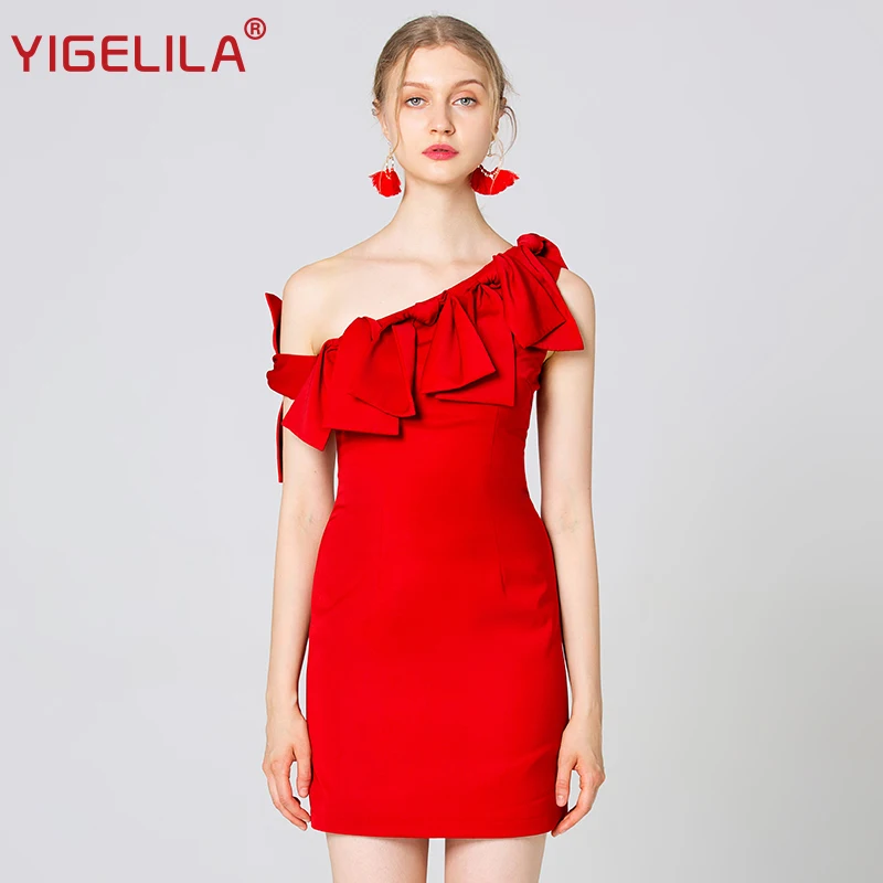 red off one shoulder dress