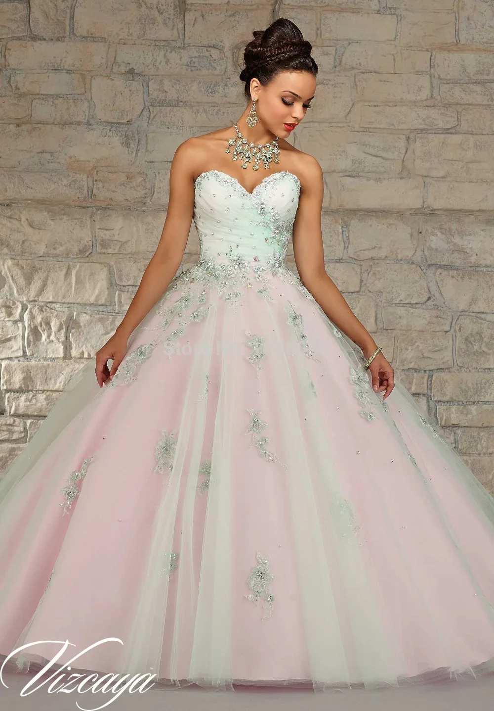 

New Arrival Fashion Appliques Long Pink Sweetheart Tulle Ball Gown Prom Dresses Quinceanera Girl Sweet 16 Dress For Girl 2014