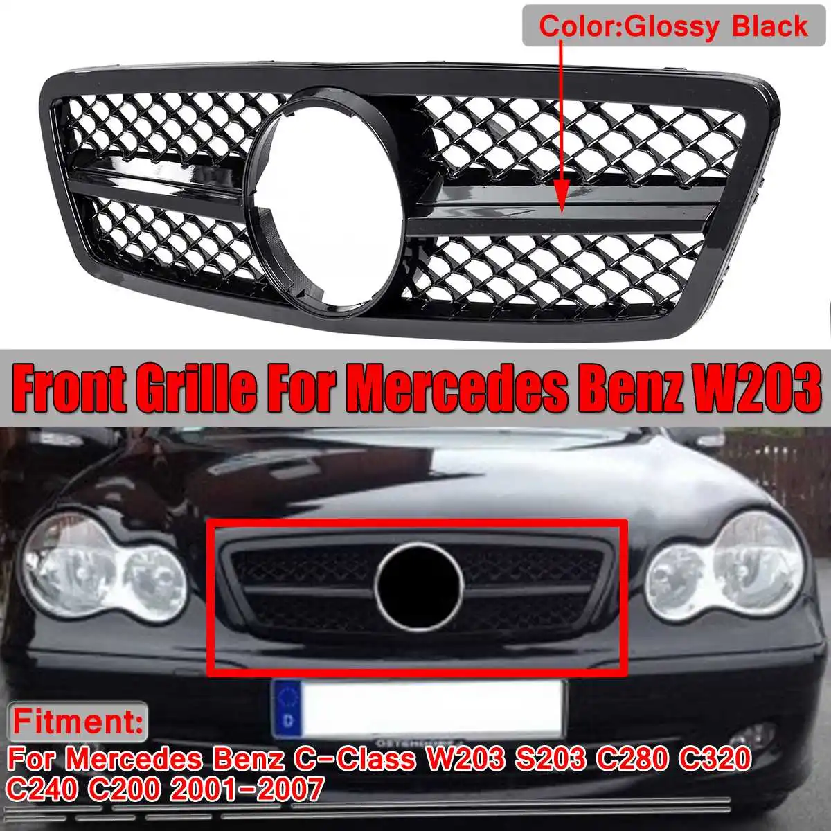 Chrome/Black Car Auto Front Grille Grill For Mercedes For Benz C-Class W203 S203 C280 C320 C240 C200 2001-2007 For AMG Style