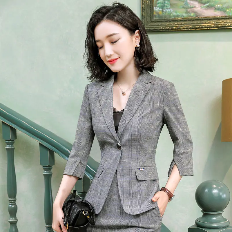 Dushicolorful 2 Pieces Set fashion Plaid suit elegant office Interview Work wear Business formal women lattice blazer skirt suit