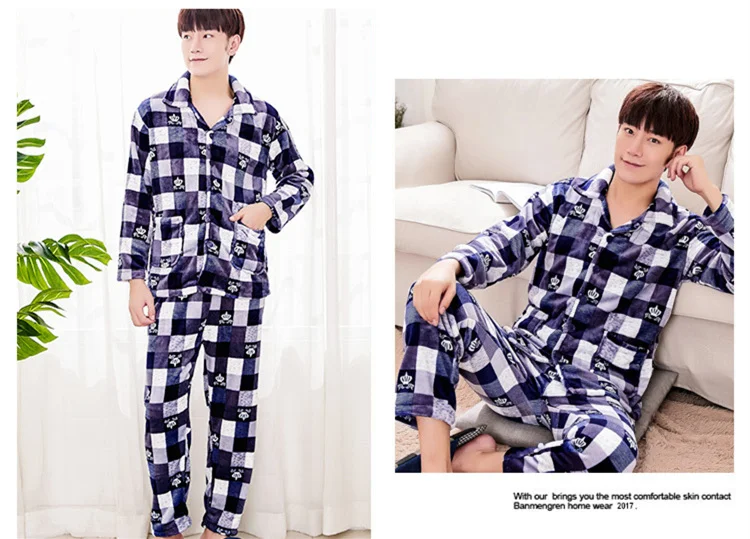 Pajamas Mens Flannel Pajama Suits Winter Autumn Sleeping Clothes Two Piece Nights Men Night Wear Clothing Thick Corduory 2018 New JW284 (17)