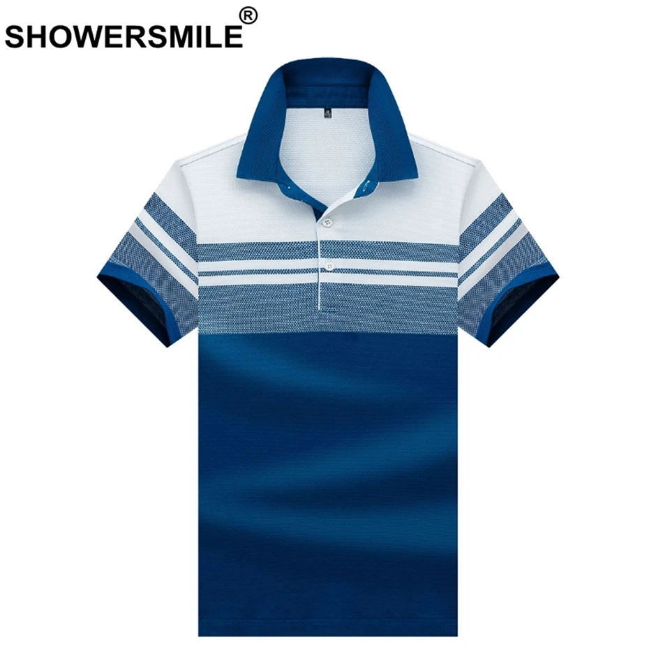 

SHOWERSMILE Brand Polo Shirt Men 100% Cotton Blue Striped Tops Male Luxury High Quality Business Summer Polo T Plus Size 3xl