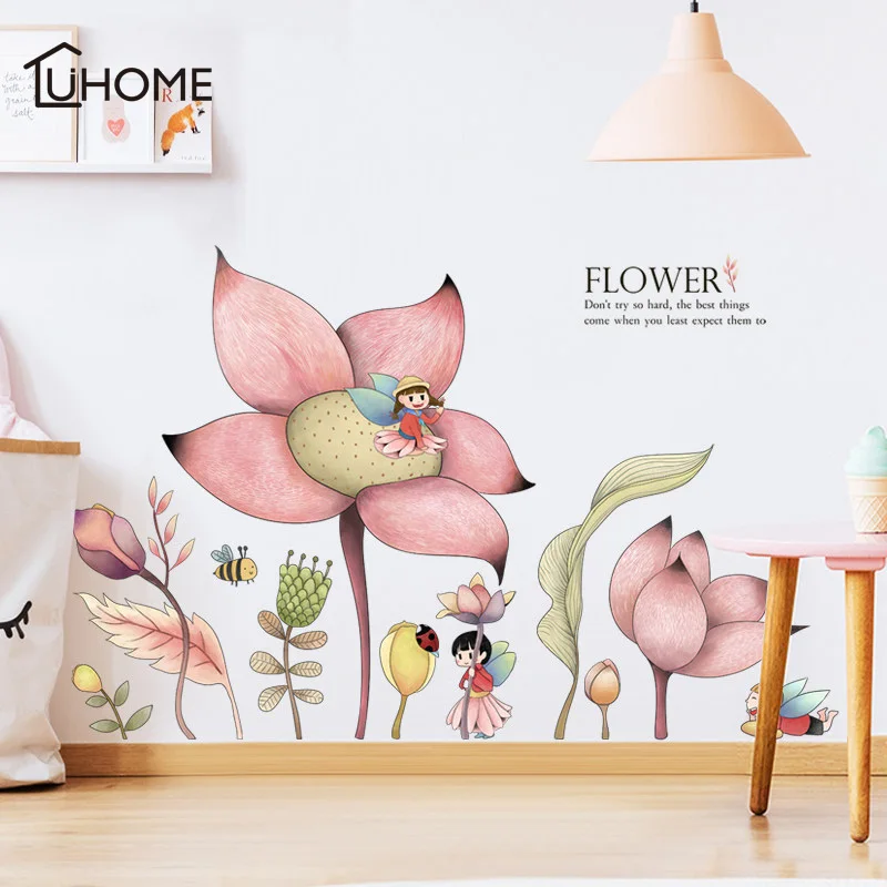 

Large Pink Flower Lovely Flower Fairy Wall Stickers Decals Living Room Girl's Bedroom TV Sofa Background Decor Wall Decals Mural