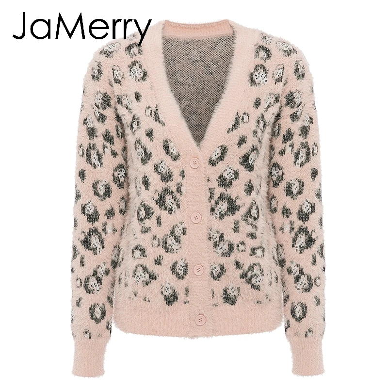 JaMerry винтажный Леопардовый принт мохер женский кардиган свитер на пуговицах вязаный женский Кардиган с длинным рукавом Осень Зима джемпер пальто - Цвет: Розовый