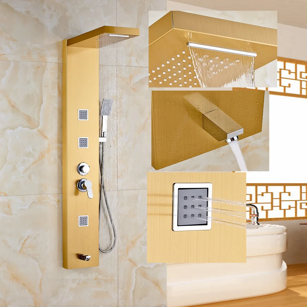 Golden Wall Mounted 1 Handle Shower Column Jets Tub Spout Hand Shower