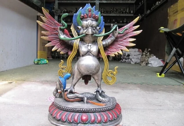 

USPS to USA S0489 11 Tibet Buddhism temple Silver painted multicolor Garuda Dapeng Bird God Statue (B0413)