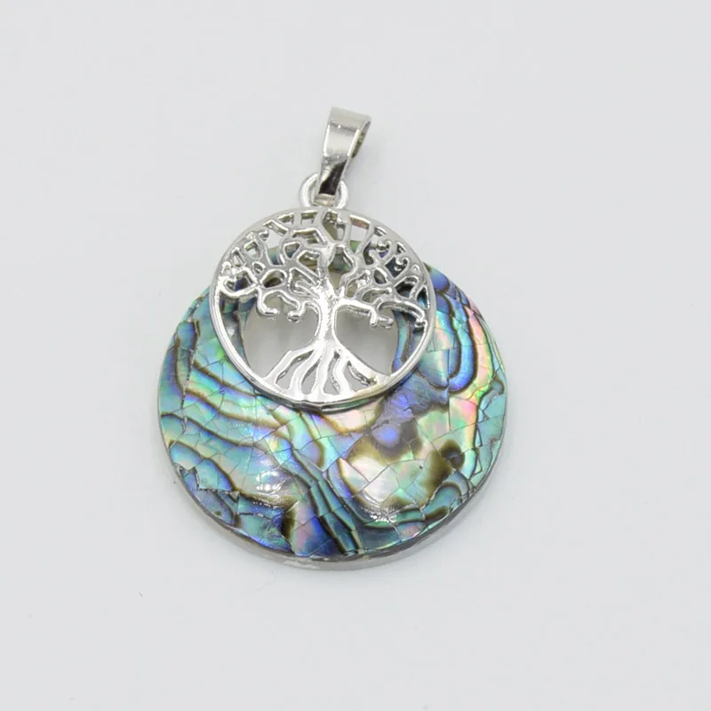 

Round Natural Stone Peace Buckle Hollow Tree of Life Charm Pink Crystal Abalone Shell Necklace Pendant for Women Accessories