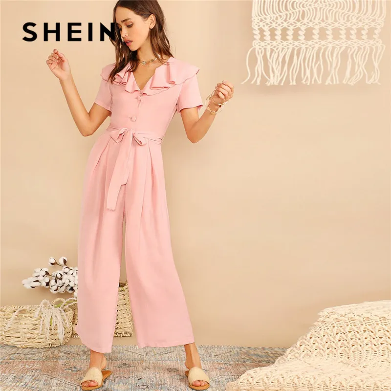 

SHEIN Pink Casual Ruffle Trim Half Placket Belted Wide Leg Jumpsuit Women Summer Vacation V neck Short Sleeve Solid Jumpsuit