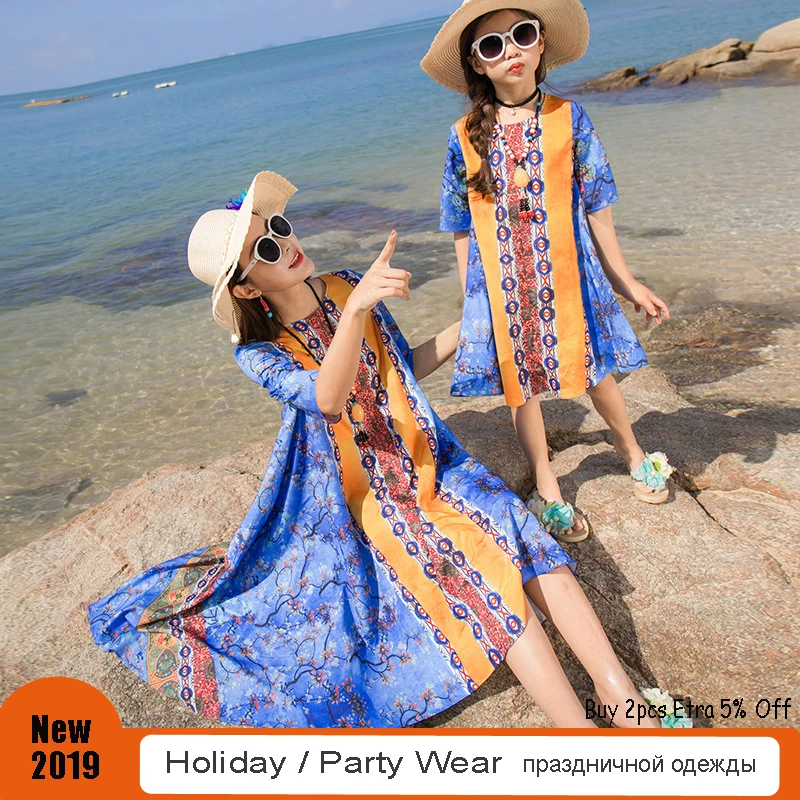 

Matching Mother Daughter Dresses National style Print Loose Short Sleeve Dress Holiday Beach Clothes 3 4 5 6 7 8 years old