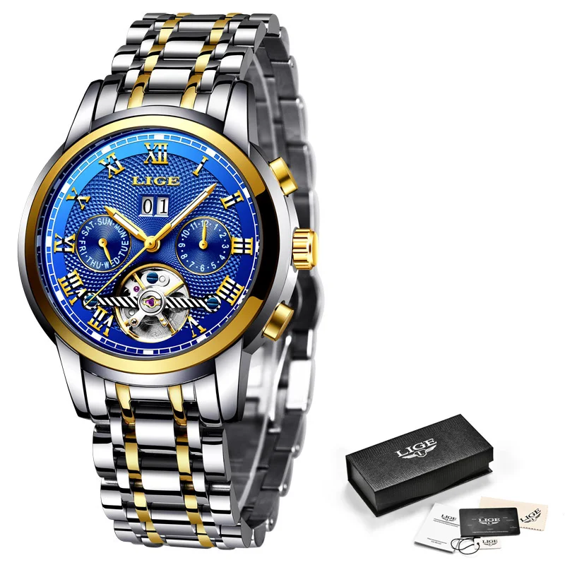 Lige Automatic Watch Men Skeleton Tourbillon Mechanical Watch Sport Waterproof Automatic Watch-6
