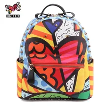 ROMERO BRITTO Salvaje Fresco Ventas Calientes Nueva Pintada de la Historieta Femenina Remaches Mochilas de Viaje Mochila Moda Masculina