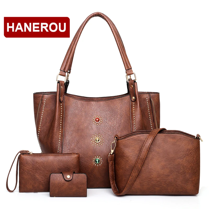 

HANEROU Luxury Lady Handbag Composite Bags Rivet Tote Bag 4 Pcs Set PU Leather Handbag Wings Bat Bag Women Large Shoulder Bag