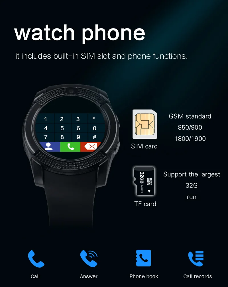 Спортивные мужские Смарт-часы v8 sim карта android камера округлый ответ на вызов набор вызова Smartwatch фитнес-трекер для измерения сердечного ритма