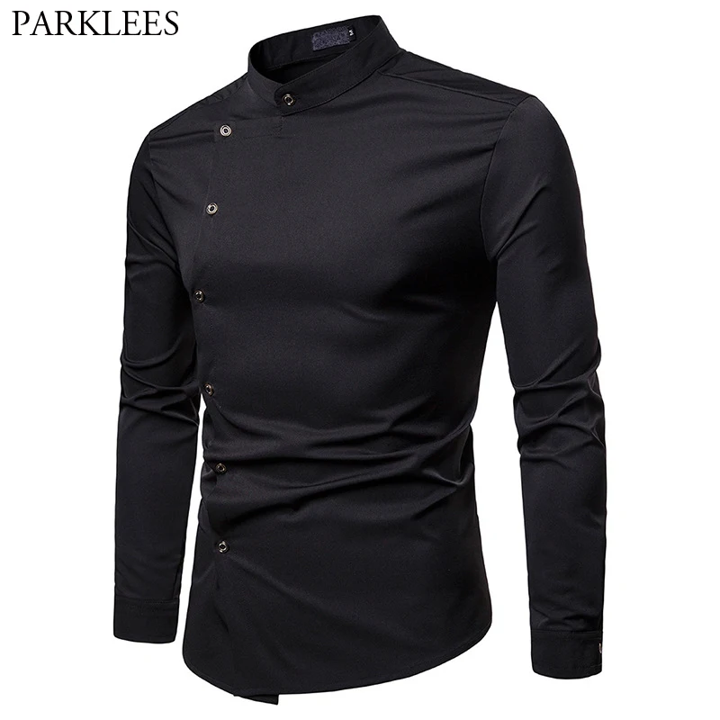 

Black Mandarin Collar Slant Button Shirt Men 2019 New Slim Fit Long Sleeve Tuxedo Dress Shirt Men Casual Wedding Chemise Homme