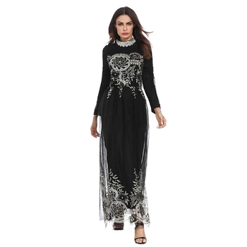 

Fashion Lace Mesh Patchwork Middle East Arabic Female Abaya Muslim Women Abaya Embroidery Full Sleeves Dresses Vestido For Party