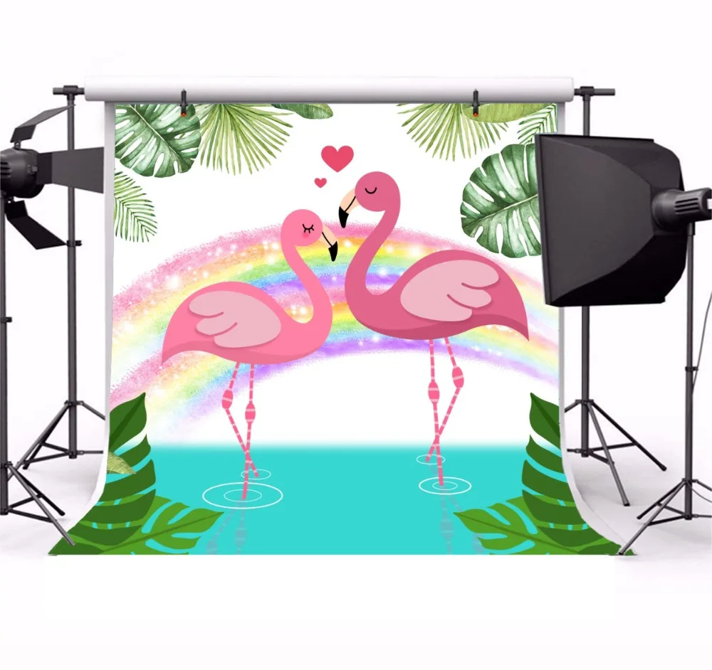 Laeacco Baby Party Cartoon Flamingos Flower Monstera Rainbw Photo Backgrounds Customized Photographic Backdrops For Photo Studio