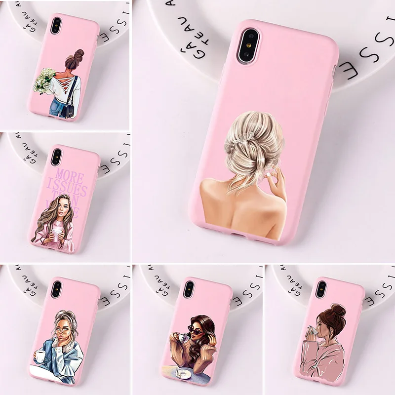 

Goddess VOGUE Art Princess Girls Female Coffee Women Fashion Silicone Candy Pink Case For iPhone 6 5S 7 8 Plus X XS Max Cover