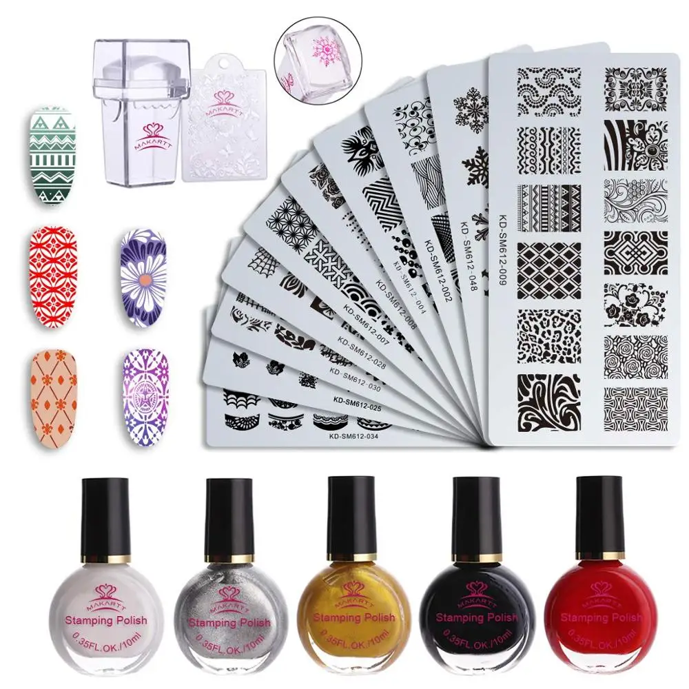 

Makartt Nail Art Stamping Plates Kit with 10pcs Mental Manicure Plates 1 Stamper 1 Scraper 5pcs Nail Stamping Polish 10ml