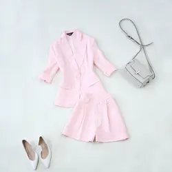 Розовый костюм из двух предметов для офисных леди облегающий карандаш