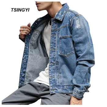 

Tsingyi Do old Style Distressed White Washed Mens Denim Jacket Streetwear Turn-down Collar Long Sleeve Men Bomber Jeans Jacket