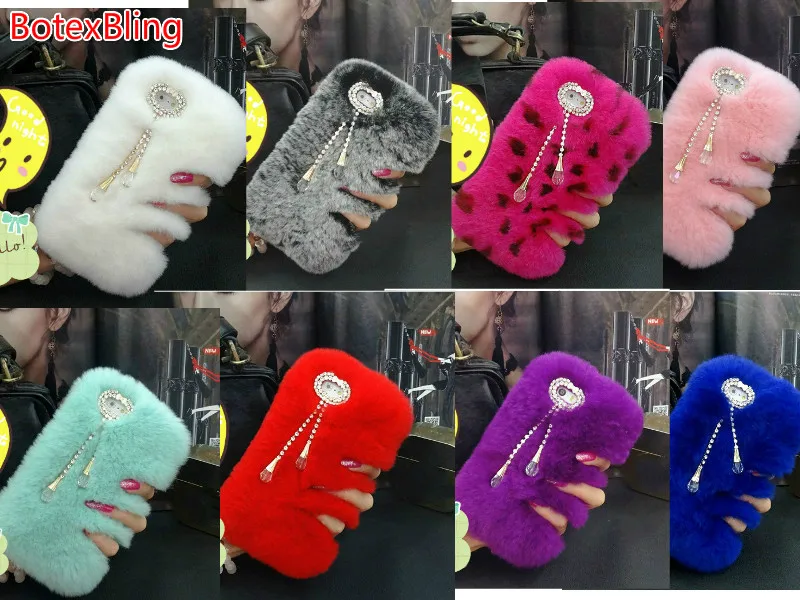 

BotexBling Rhinestone Tassel DIY Rabbit Fur Case For iPhone 8 7 7plus 6s 6Plus 5s SE 8Plu fashion warm fluffy Hair plush cover 4