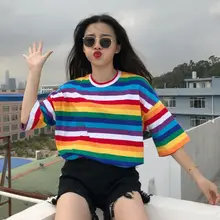 Женская футболка в радужную полоску с коротким рукавом для девочек, летние свободные топы контрастного цвета