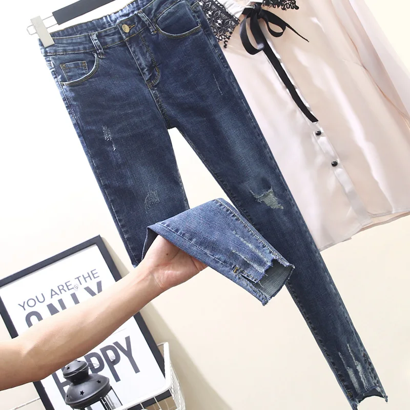 Дымчатые серые джинсы для женщин, новые весенне-Летние Осенние рваные эластичные узкие брюки-карандаш, женские джинсовые брюки длиной до щиколотки