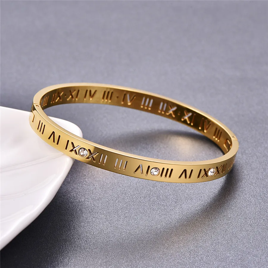 

Martick Gold Color 316L Stainless Steel Roman Numerals Bangle With Clear CZ For Women Shine Polishing Never Fade B1