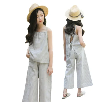 

Summer Girls Clothes Sets Big Girl Sleeveless Stripe Tops+Loose Pants Kids Clothing 2 Pcs Suit Child Clothes 6 8 10 12 14 16 Y