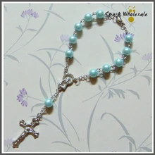 50 шт./партия, религиозный синий стеклянный жемчужный браслет с розами, детский душ для причастия, крещение для мальчика, 10 лет, мини-четки