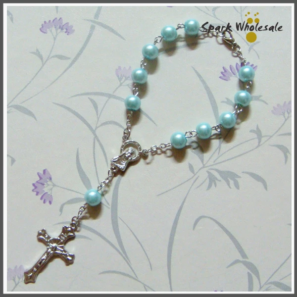 

50pcs/lot Religious Blue Glass Pearl Rosary Bracelet Children's Communion Baby Shower Boy's Baptism Favor Decade Mini Rosary