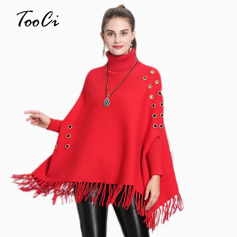 Nieuwe Mode Stijl Vrouwen Hoge Kraag Rode Poncho Trui Voor Vrouwelijke Katoen Gebreide Warme Capes|Vesten| - AliExpress