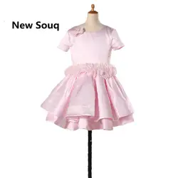 Сладкий розовый атлас трапециевидной формы для девочек в цветочек платья с круглым вырезом с короткими рукавами и кружевами на спине для