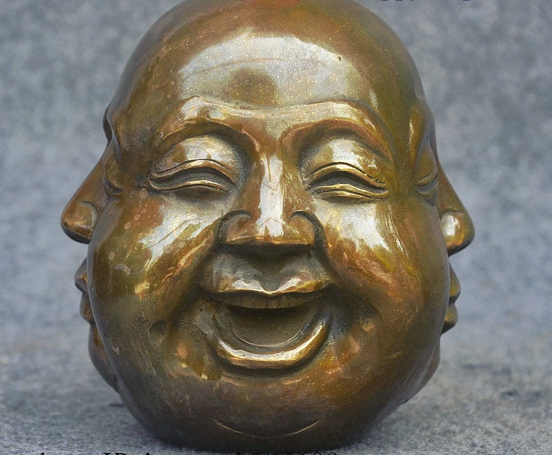 

6" China Buddhism Bronze Happy Anger Sorrow Joy 4 Face Maitreya Buddha Statue