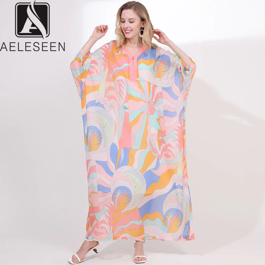 

AELESEEN New Designer Dresses Women Summer 2019 Runway Batwing Sleeve Contrast Color Printed XXL Elegant Maxi Loose Long Dress