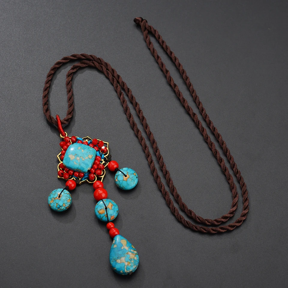 

New Ceramic Stone Pendant Necklace for Women Boho Ethnic Style Statement Necklace Stone Beads Long Tassel Sweater Chain Necklace