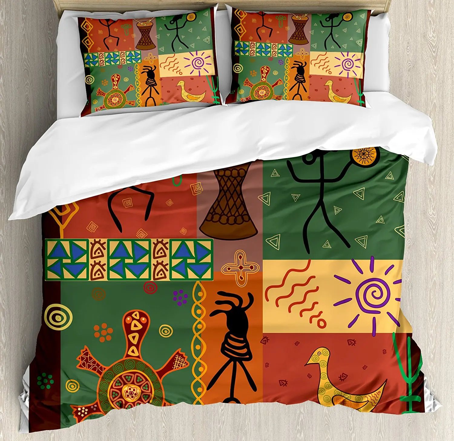 

Primitive Duvet Cover Set Funky Tribal Pattern Depicting African Style Dance Moves Instruments Spiritual 4 Piece Bedding Set