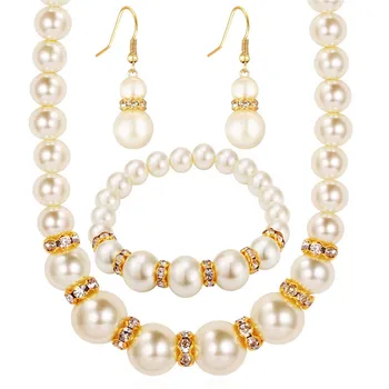 

African Beads Jewelry Set Simulated-Pearl Necklace Bracelet Earrings Women Jewelry Sets Inlay CZ Bride Set Wholesale Free Gifts