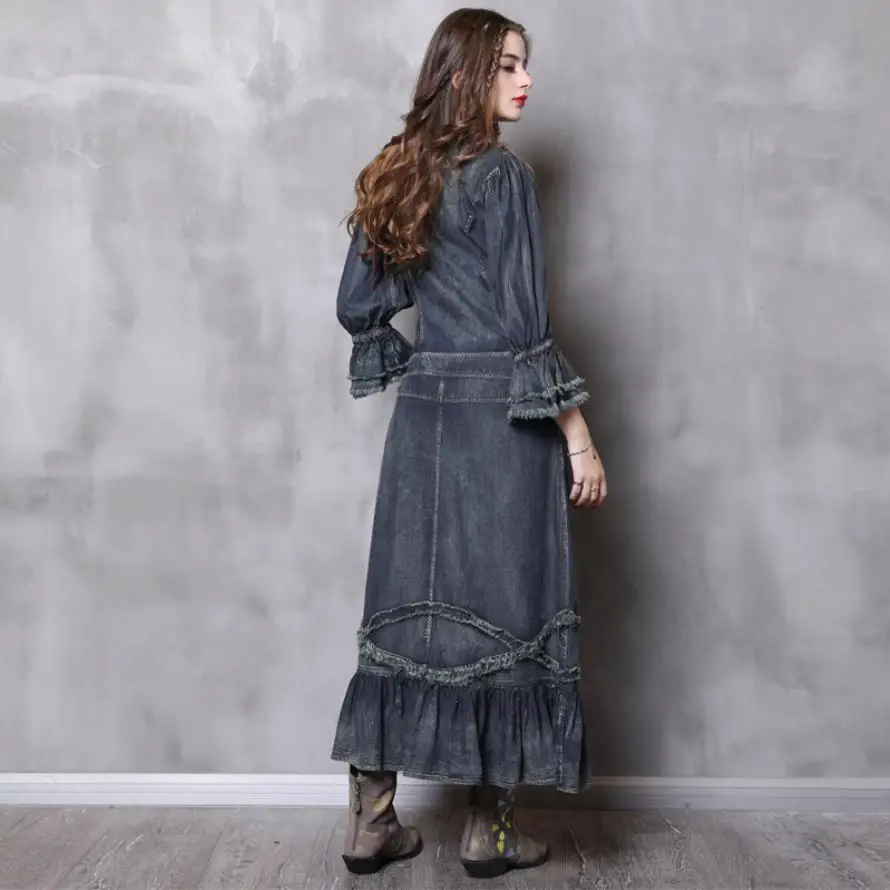 Chiarore Merletto Del Picture Donna Sottile Marca Di Retro Denim Vestito Buona Autunno Abiti Qualità Wj2895 Cucitura Modo 2018 Manicotto Increspature AIYwBqzq
