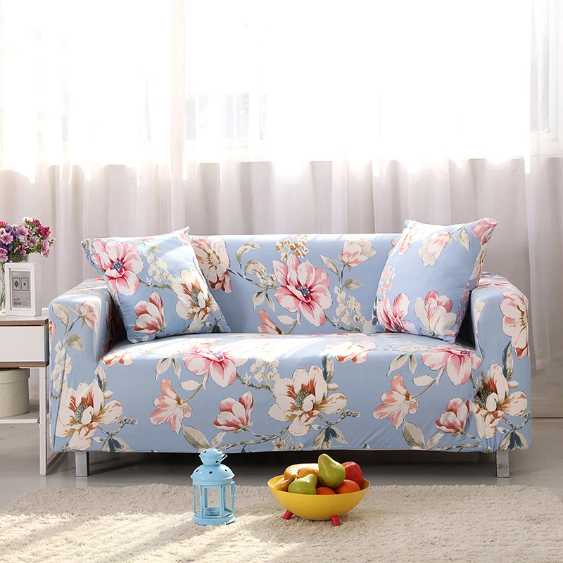 Sofa Covers Elastic Spandex Flowers Printed Light Blue Sofa Covers