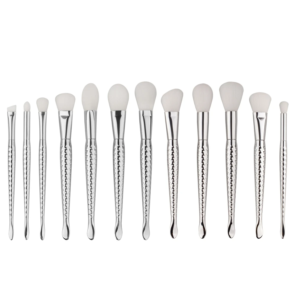 12Pcs silver Mermaid Makeup Brushes Set for Foundation Eyebrow Eyeliner Blush Concealer blending Brushes Cosmetic Beauty