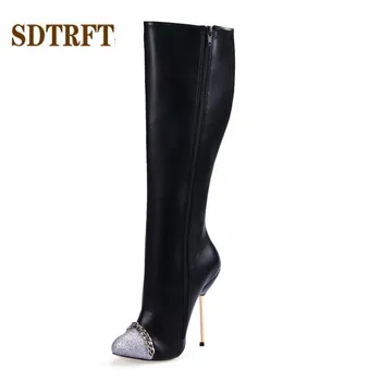 

SDTRFT Stilettos 12cm thin heels Knee-High boots Round Toe shoes Woman Crossdresser Botas Zipper Metal Chain Sequins SM pumps