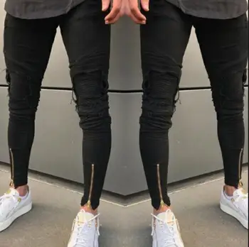 

High Quality Men Elastic Skinny Jeans Mens Knees with Pleated Pants and Zipper on The Ankles Male Slim Nine-point Stretch Pants