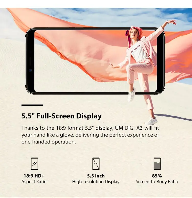 UMIDIGI UMI A3 2GB RAM 16GB ROM MTK6739 1.5GHz Quad Core 5.5 Inch HD+ Full Screen Dual Camera Android 8.1 4G LTE Smartphone